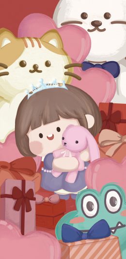 [2436x1125]女孩 色彩 卡通 礼盒 猫咪 肉肉酱 苹果手机动漫壁纸图片