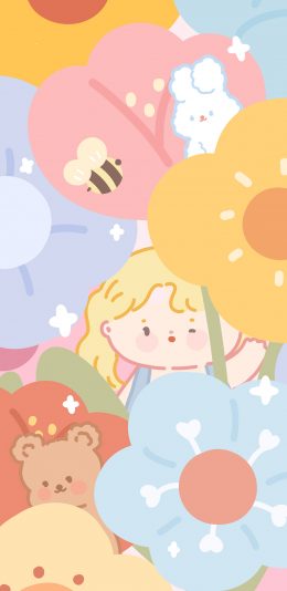 [2436x1125]女孩 花丛 蜜蜂 熊 兔子 招手 苹果手机动漫壁纸图片