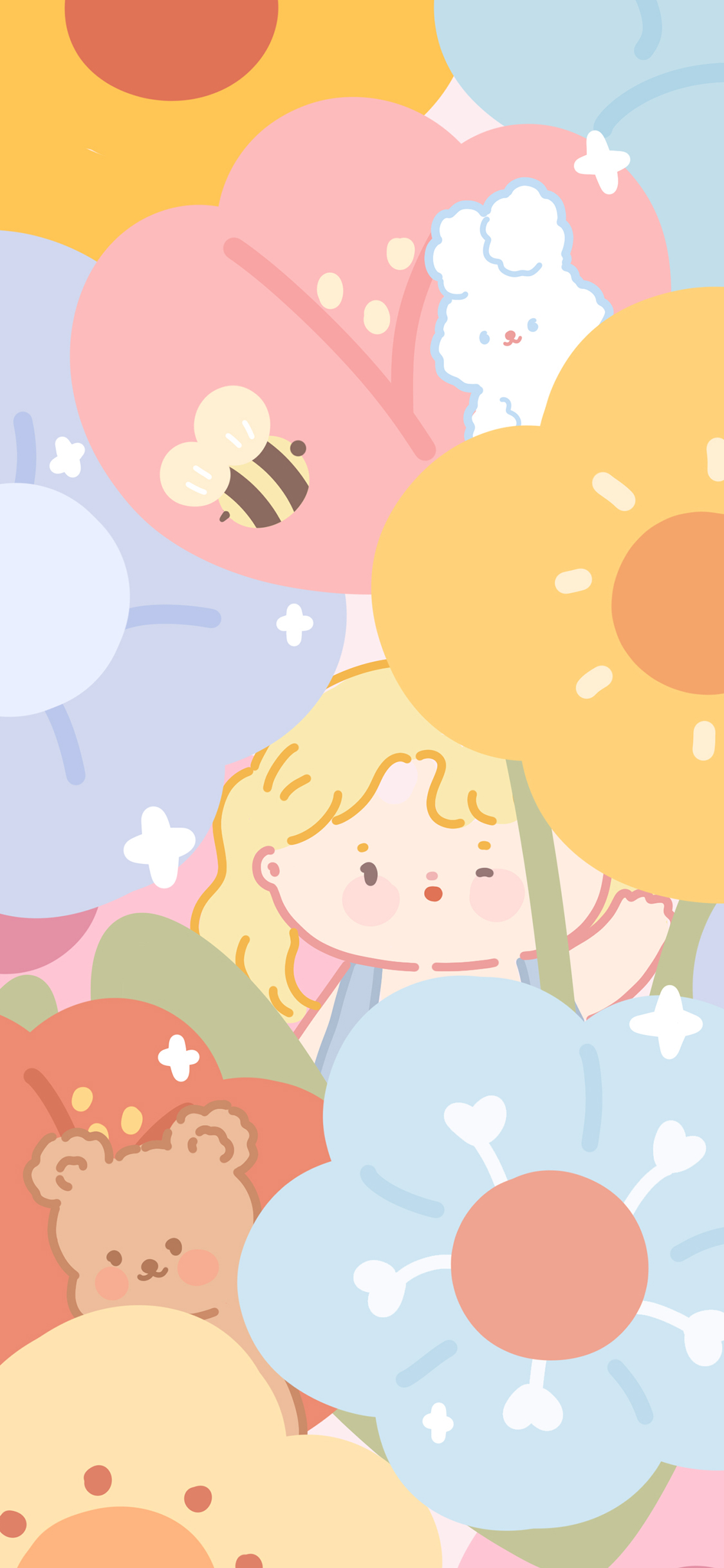 [2436×1125]女孩 花丛 蜜蜂 熊 兔子 招手 苹果手机动漫壁纸图片