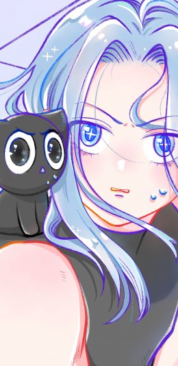 [2436x1125]女孩 黑猫 美少女 漫画 长发 苹果手机动漫壁纸图片
