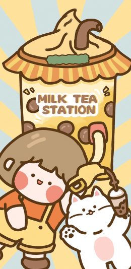 [2436x1125]奶茶 肉肉酱 小猫 卡通 女孩 苹果手机动漫壁纸图片