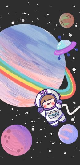 [2436x1125]宇宙 行星 小女孩 宇航员（取自微博：肉肉酱） 苹果手机动漫壁纸图片