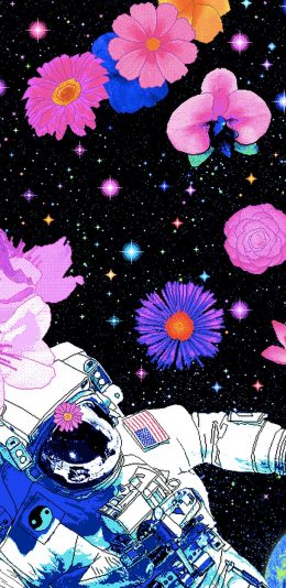 [2436x1125]宇航员 像素 插图 花朵 星空 苹果手机动漫壁纸图片