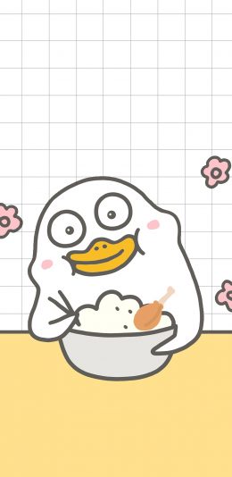 [2436x1125]小刘鸭 卡通 吃饭 可爱 鸡腿 苹果手机动漫壁纸图片