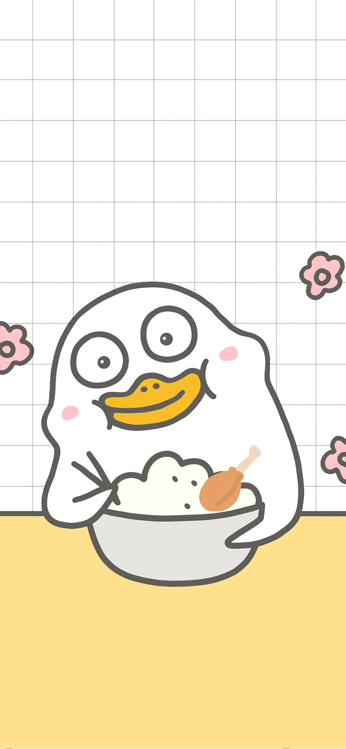 [2436×1125]小刘鸭 卡通 吃饭 可爱 鸡腿 苹果手机动漫壁纸图片