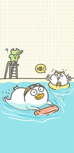 [2436x1125]小刘鸭 卡通 夏日 游泳 泳池 喵 苹果手机动漫壁纸图片