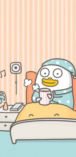 [2436x1125]小刘鸭 睡觉 被窝 饮品 音乐 苹果手机动漫壁纸图片