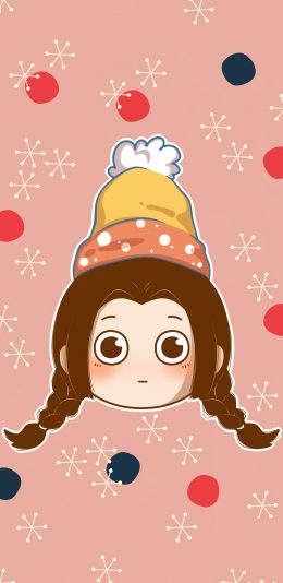 [2436x1125]小女孩 卡通 可爱 帽子 雪花 粉色 苹果手机动漫壁纸图片