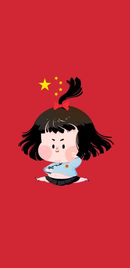[2436x1125]小女孩 可爱 胖嘟嘟 肚子 共产党 五星红旗 国旗 红色 宣誓 苹果手机动漫壁纸图片