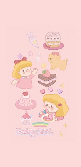 [2436x1125]小女孩 粉色 草莓蛋糕 爱心 狗 苹果手机动漫壁纸图片