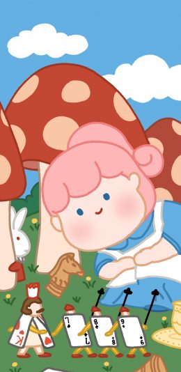 [2436x1125]小女孩 蘑菇 兔子 梦游仙境 苹果手机动漫壁纸图片