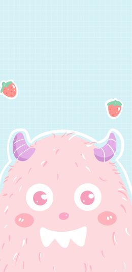 [2436x1125]小怪兽 可爱 草莓 牙齿 苹果手机动漫壁纸图片