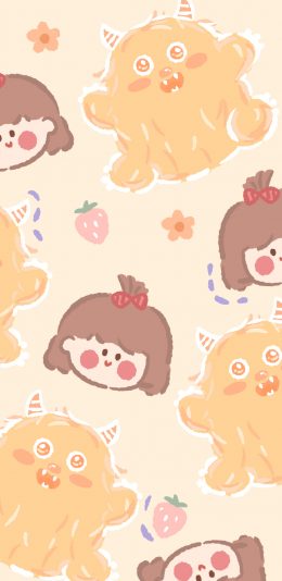 [2436x1125]小怪兽 小女孩 草莓 黄色 平铺 苹果手机动漫壁纸图片