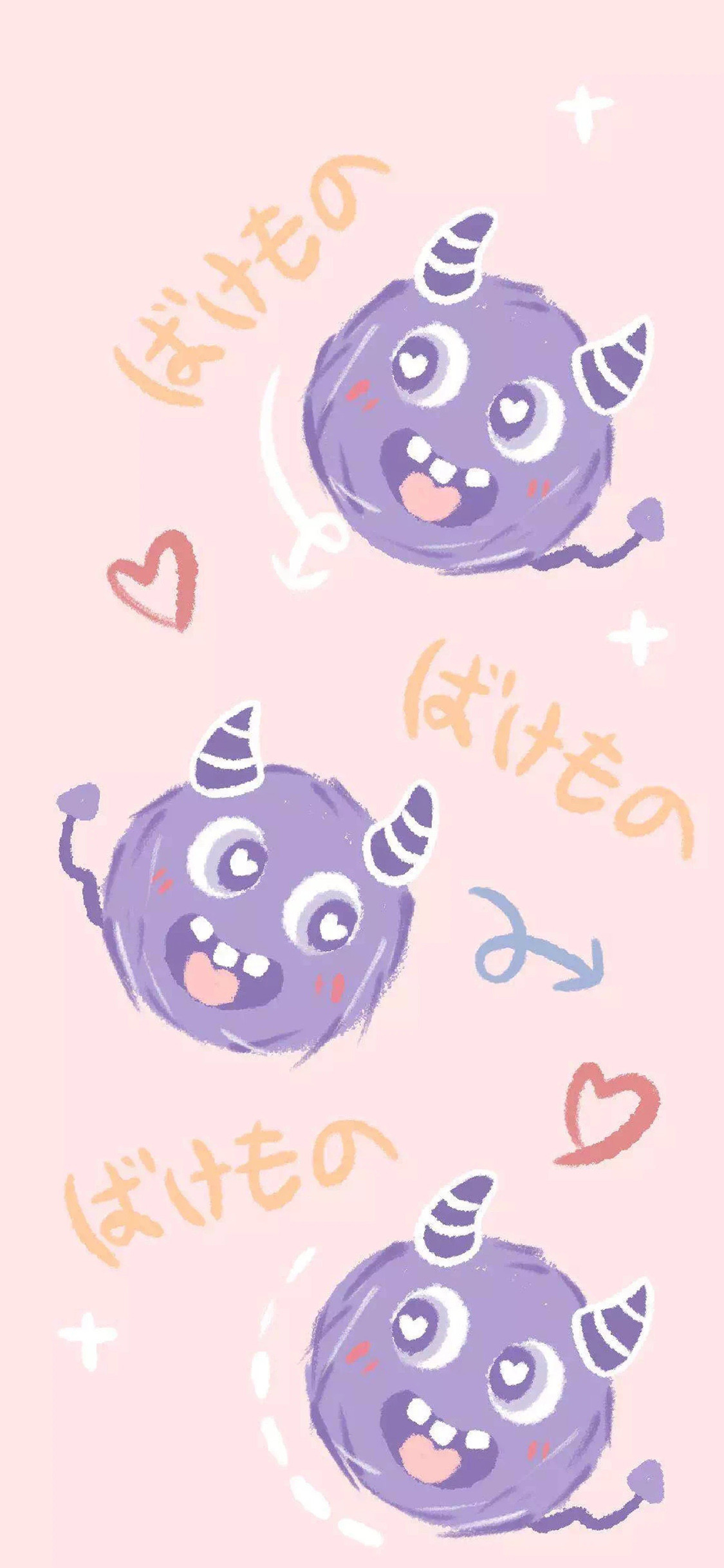 [2436×1125]小怪兽 平铺 可爱 爱心 苹果手机动漫壁纸图片