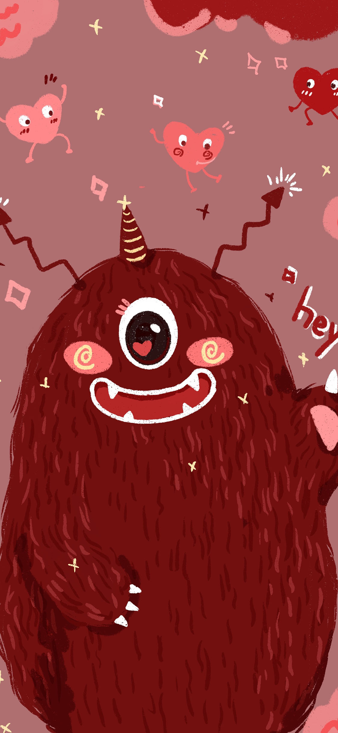 [2436×1125]小怪兽 爱心 可爱 hey 苹果手机动漫壁纸图片
