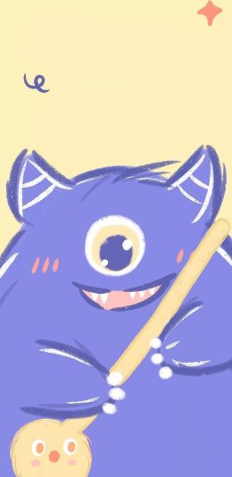 [2436x1125]小怪兽 紫色 背包 角 独眼 可爱 苹果手机动漫壁纸图片