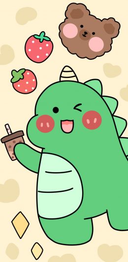 [2436x1125]小恐龙 可爱 草莓 卡通 爱心 苹果手机动漫壁纸图片
