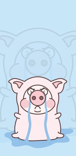 [2436x1125]小恭猪 哭泣 流泪 卡通 蓝色 苹果手机动漫壁纸图片