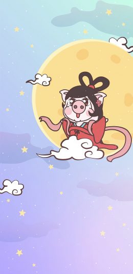 [2436x1125]小恭猪 月球 嫦娥 趣味 苹果手机动漫壁纸图片