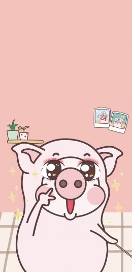 [2436x1125]小恭猪 粉色 剪刀手 拍照 苹果手机动漫壁纸图片
