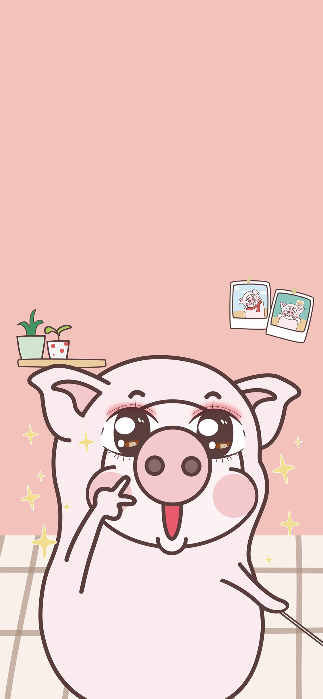 [2436×1125]小恭猪 粉色 剪刀手 拍照 苹果手机动漫壁纸图片