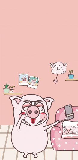 [2436x1125]小恭猪 粉色 剪刀手 自拍 化妆 苹果手机动漫壁纸图片