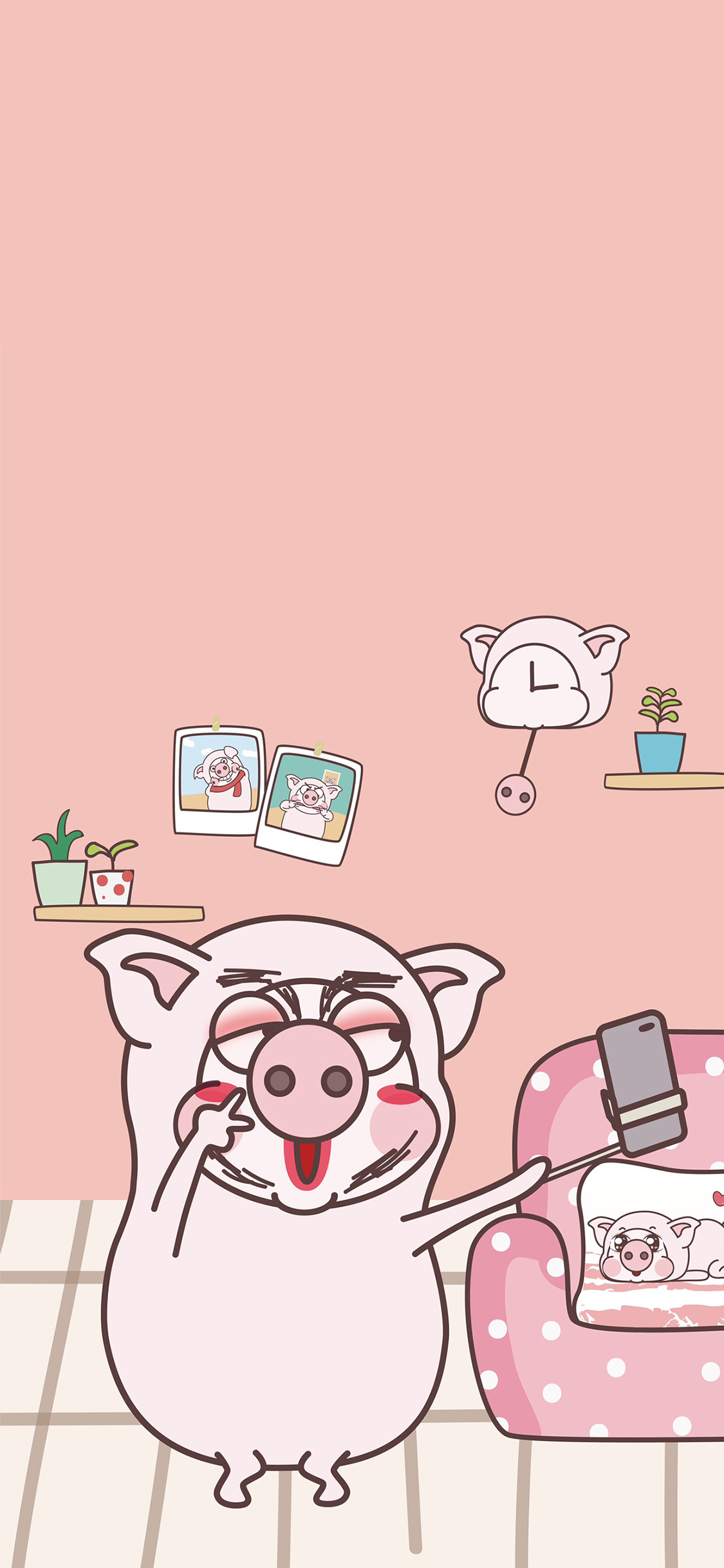 [2436×1125]小恭猪 粉色 剪刀手 自拍 化妆 苹果手机动漫壁纸图片