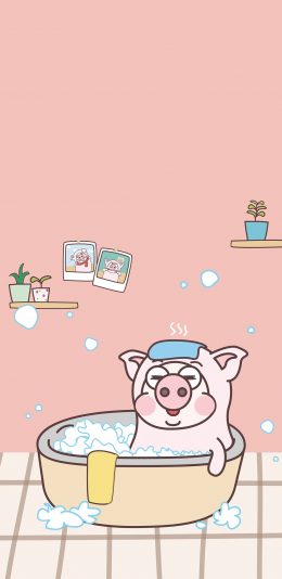 [2436x1125]小恭猪 粉色 洗澡 浴缸 泡澡 苹果手机动漫壁纸图片