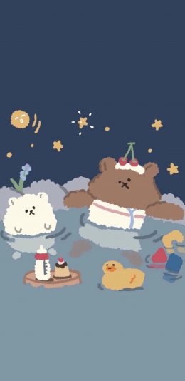 [2436x1125]小清新 卡通 小熊 泡澡 苹果手机动漫壁纸图片