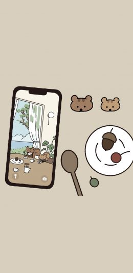 [2436x1125]小熊 盘子 榛果 手机屏保 苹果手机动漫壁纸图片