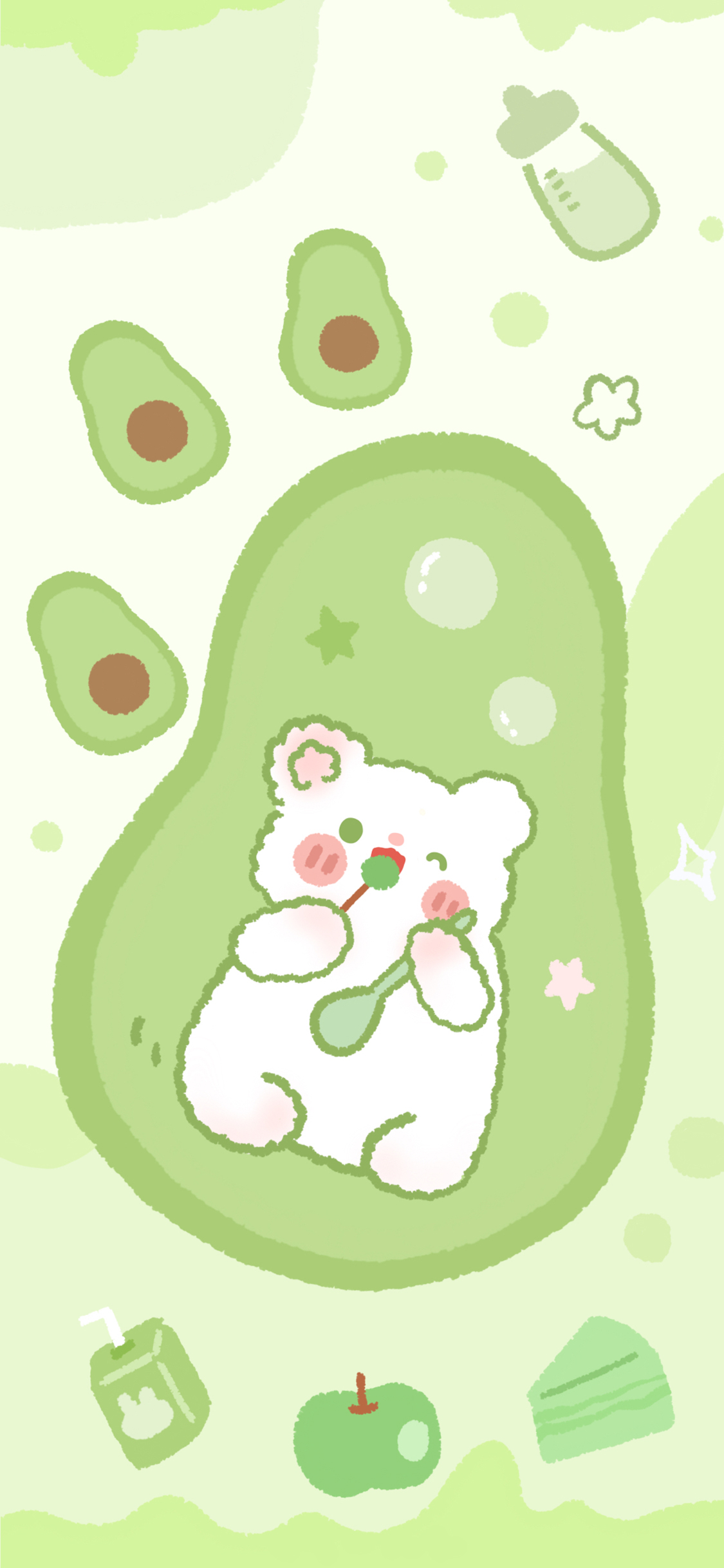 [2436×1125]小熊 绿 牛油果 卡通 插画 苹果手机动漫壁纸图片
