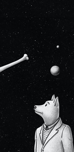 [2436x1125]小狗 插图 骨头 黑白 苹果手机动漫壁纸图片