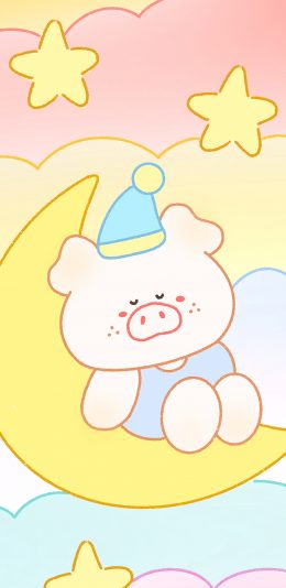 [2436x1125]小猪 月亮 五角星 色彩 苹果手机动漫壁纸图片