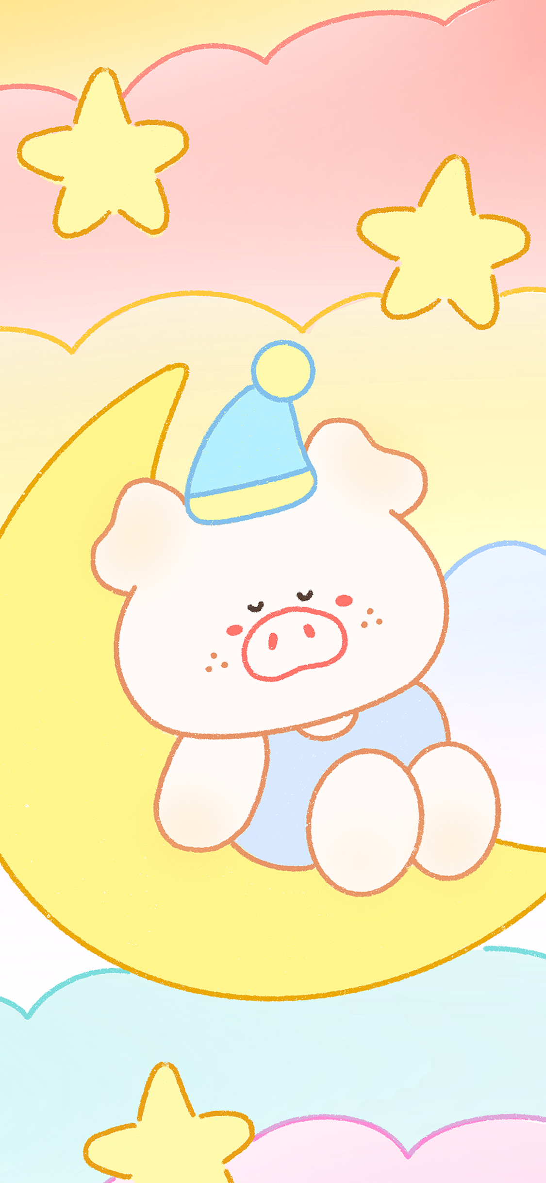 [2436×1125]小猪 月亮 五角星 色彩 苹果手机动漫壁纸图片