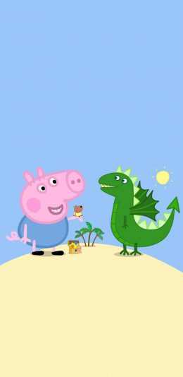 [2436x1125]小猪佩奇 动画 卡通 可爱 蓝色 恐龙 苹果手机动漫壁纸图片