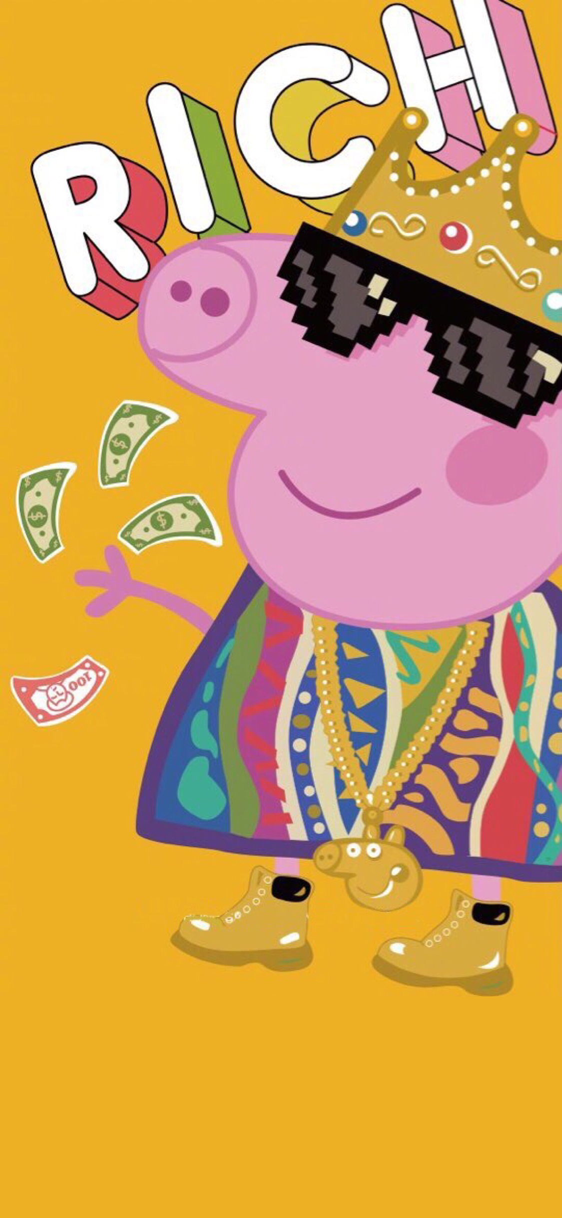 [2436×1125]小猪佩奇 土豪 RICH 苹果手机动漫壁纸图片