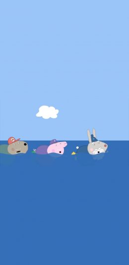 [2436x1125]小猪佩奇 蓝色 卡通 动画 游泳 苹果手机动漫壁纸图片