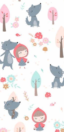 [2436x1125]小红帽 大灰狼 平铺 树木 童话 苹果手机动漫壁纸图片
