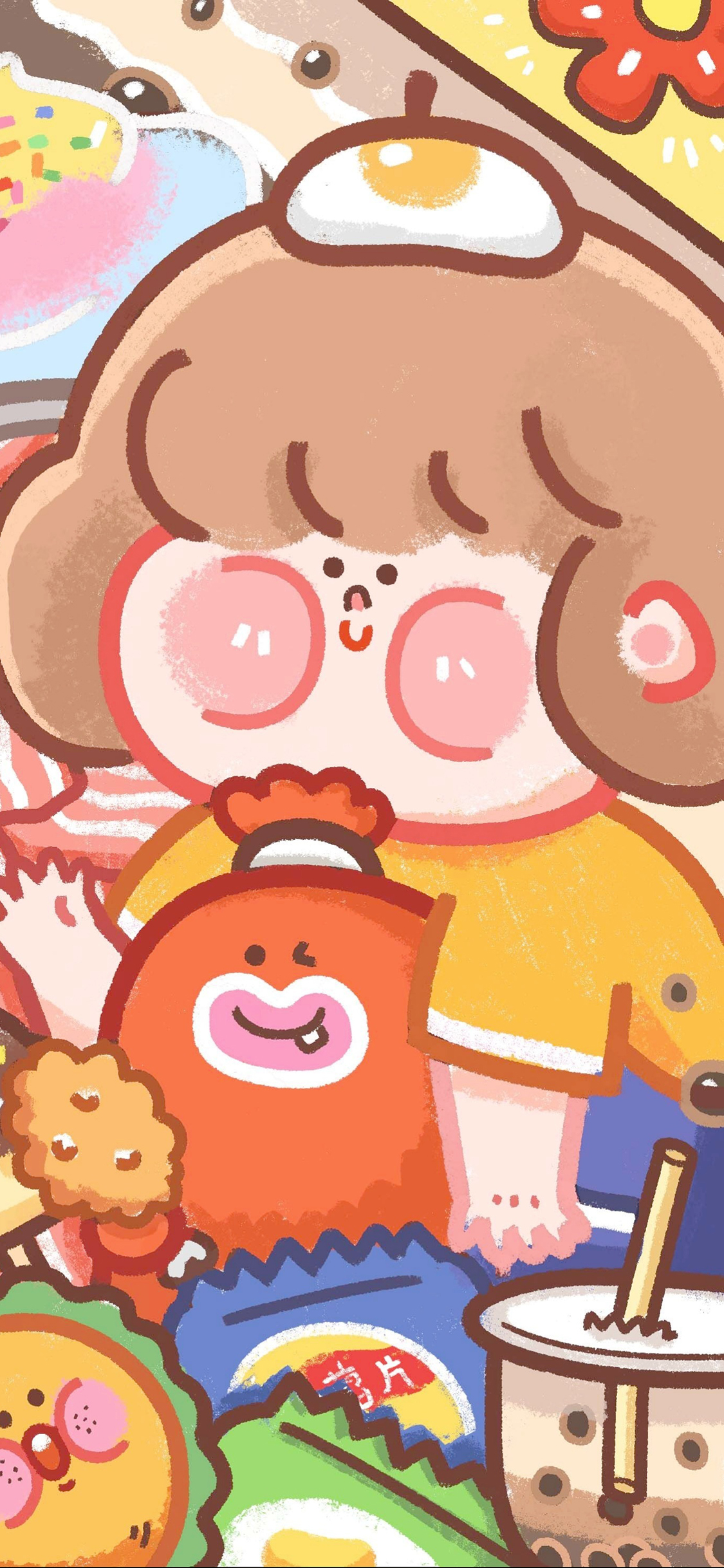 [2436×1125]小胖妞 零食 色彩 插画 吃货 苹果手机动漫壁纸图片