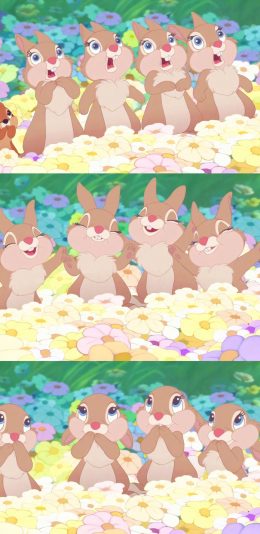 [2436x1125]小鹿斑比 动画 卡通 兔子 可爱 花丛 苹果手机动漫壁纸图片