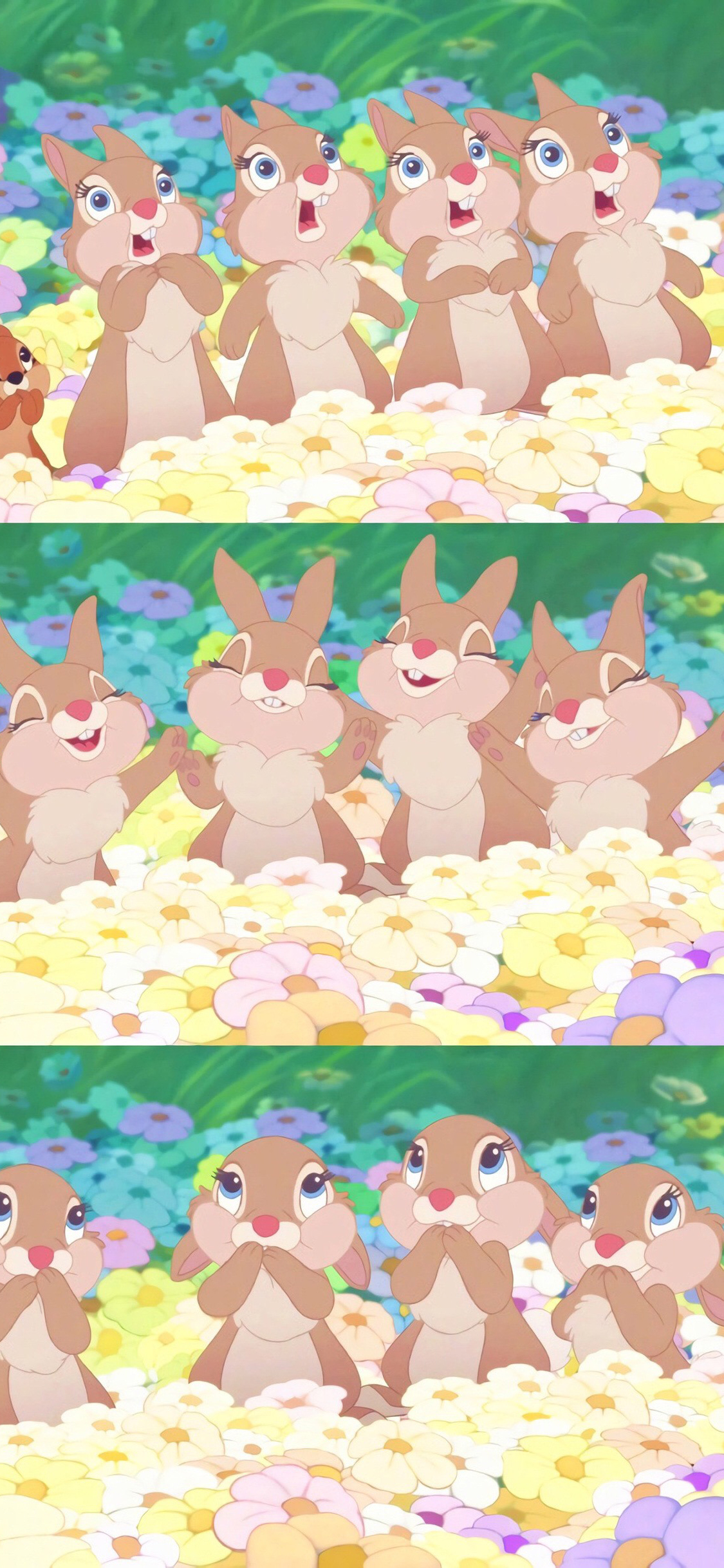 [2436×1125]小鹿斑比 动画 卡通 兔子 可爱 花丛 苹果手机动漫壁纸图片