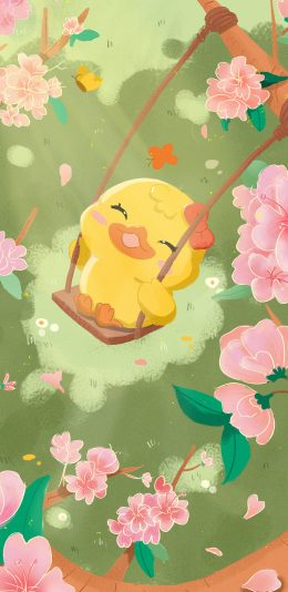 [2436x1125]小黄鸭 卡通 树下 荡秋千 苹果手机动漫壁纸图片
