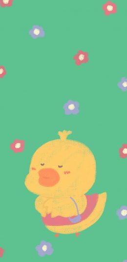 [2436x1125]小黄鸭 小花 彩绘 苹果手机动漫壁纸图片