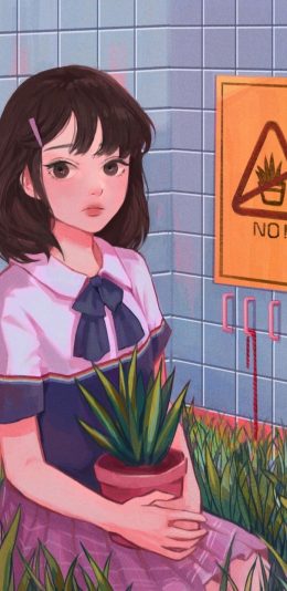 [2436x1125]少女 乖巧 盆栽 色彩 作者：ubokhee 苹果手机动漫壁纸图片