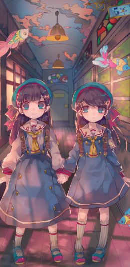 [2436x1125]少女 二次元 女孩 金鱼 学校 校园 走廊 苹果手机动漫壁纸图片