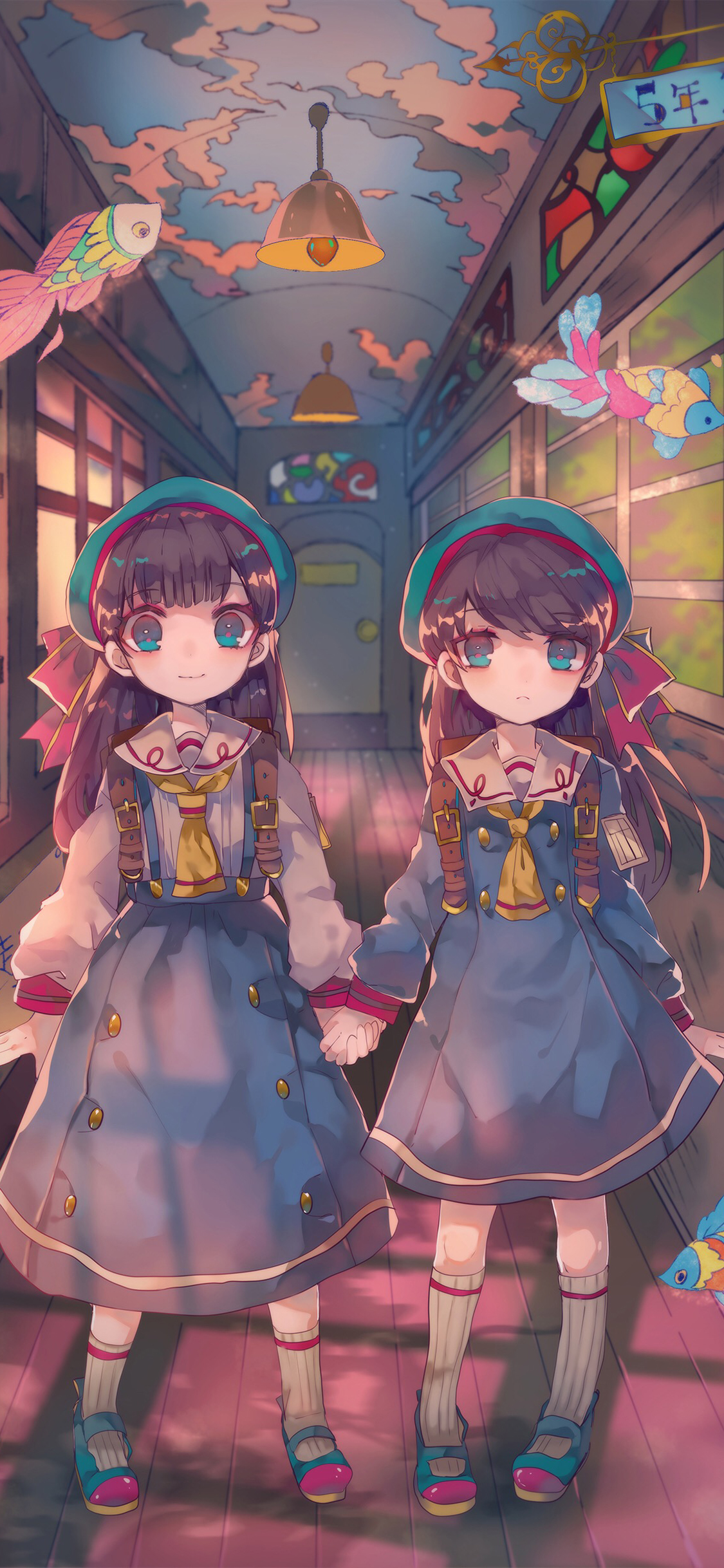 [2436×1125]少女 二次元 女孩 金鱼 学校 校园 走廊 苹果手机动漫壁纸图片