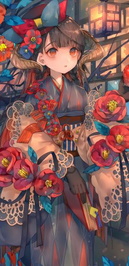 [2436x1125]少女 和服 二次元 鲜花 女孩 苹果手机动漫壁纸图片