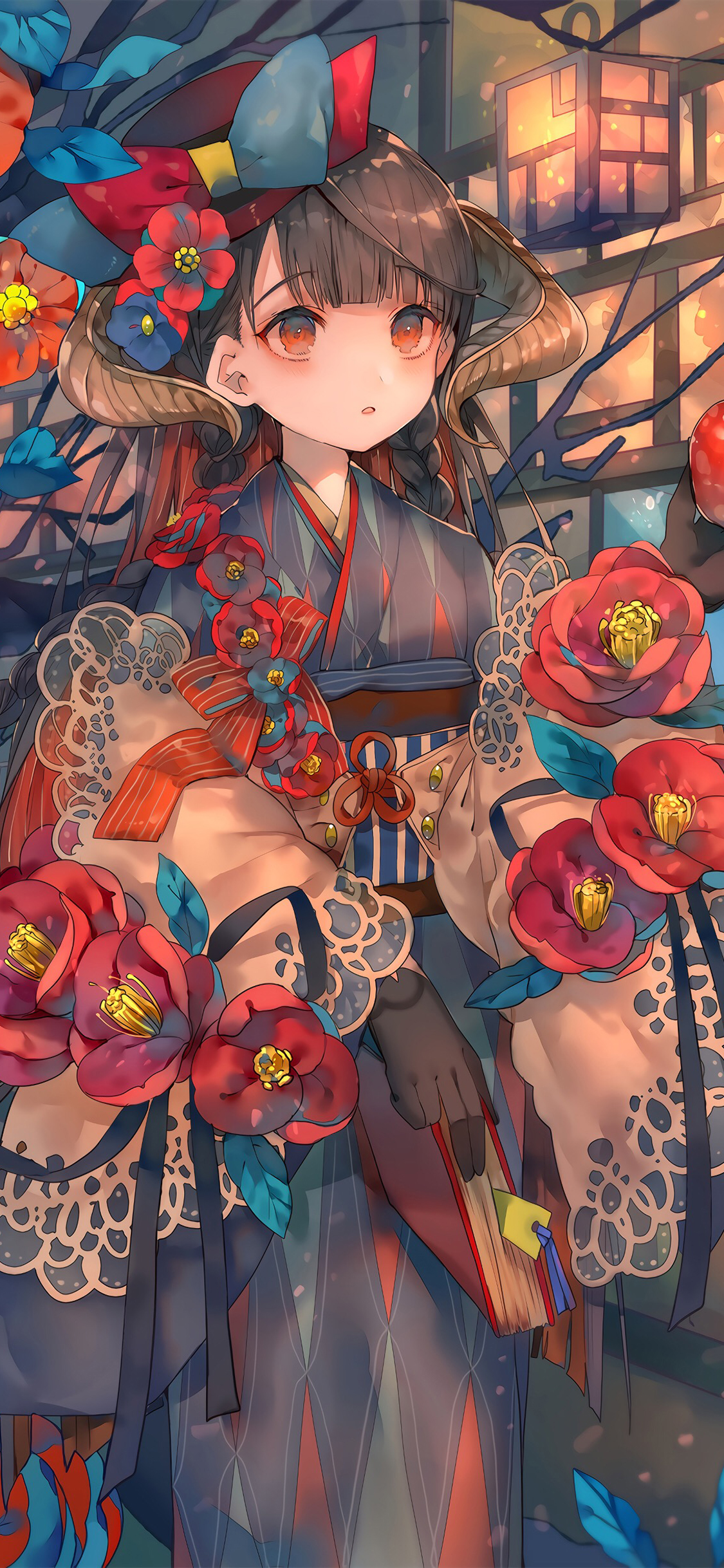 [2436×1125]少女 和服 二次元 鲜花 女孩 苹果手机动漫壁纸图片