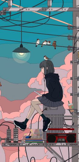 [2436x1125]少女 插图 场景 电线杆 飞鸟 苹果手机动漫壁纸图片