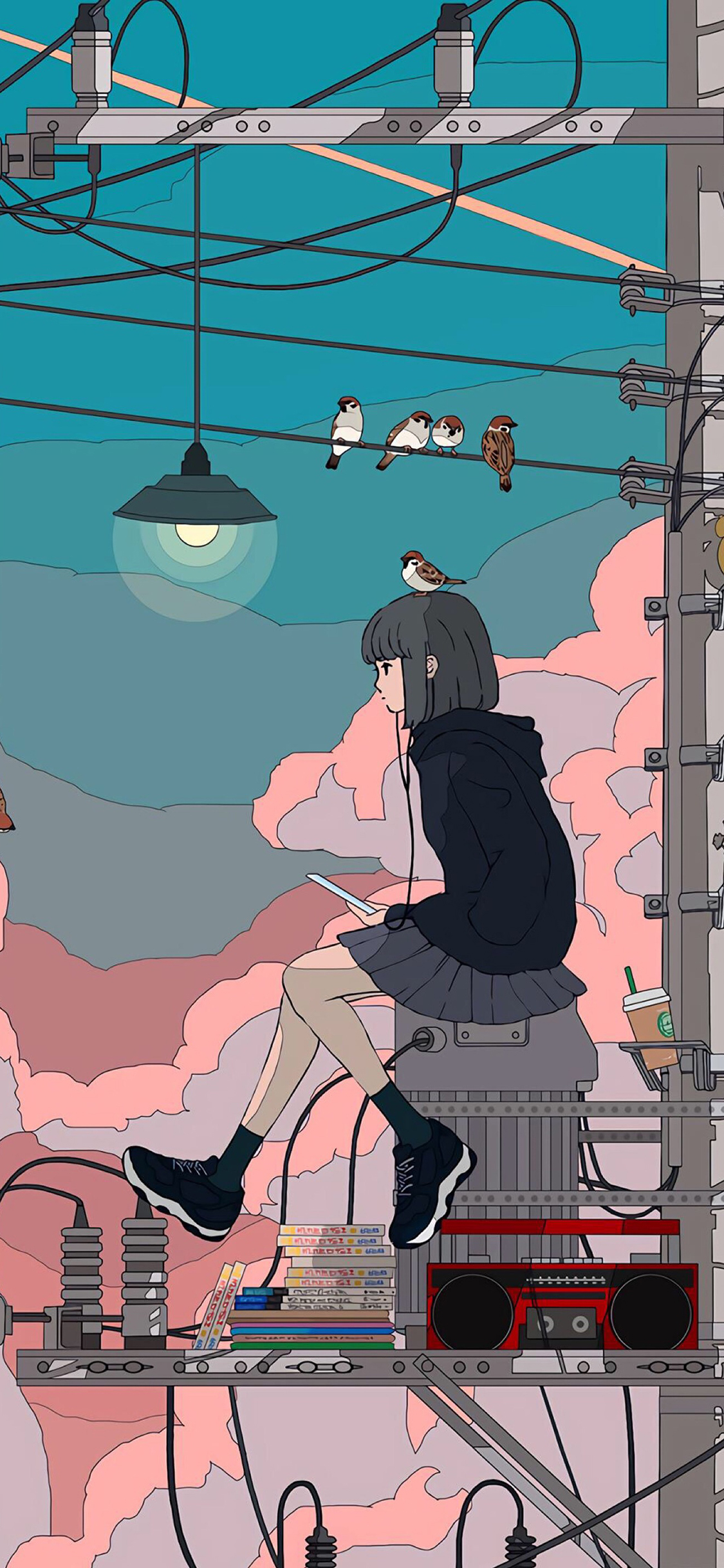 [2436×1125]少女 插图 场景 电线杆 飞鸟 苹果手机动漫壁纸图片